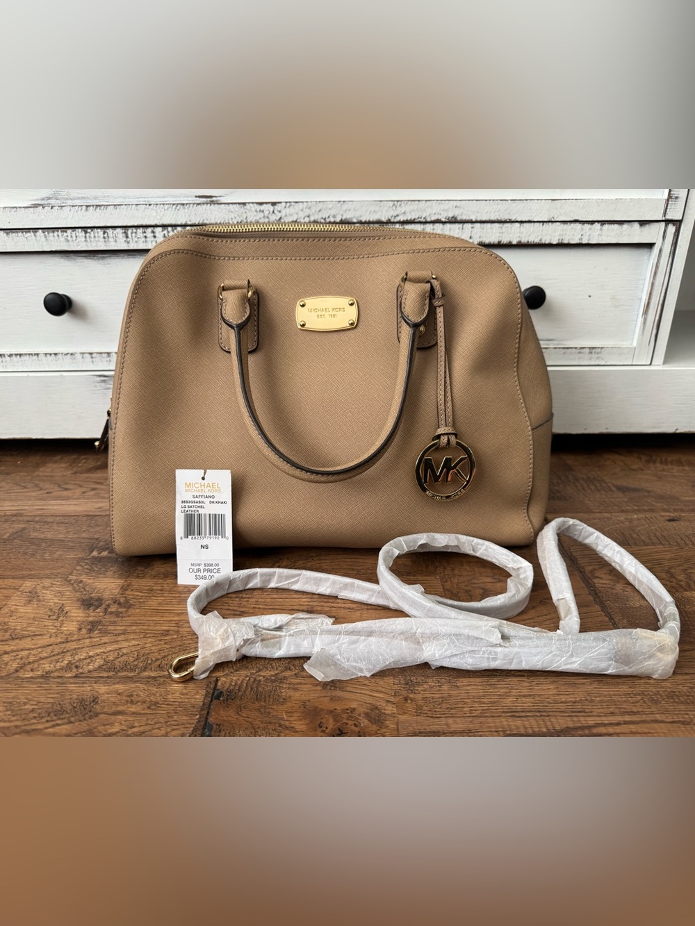 Michael Kors Saffiano Large Satchel Dark Khaki Leather Crossbody Tote